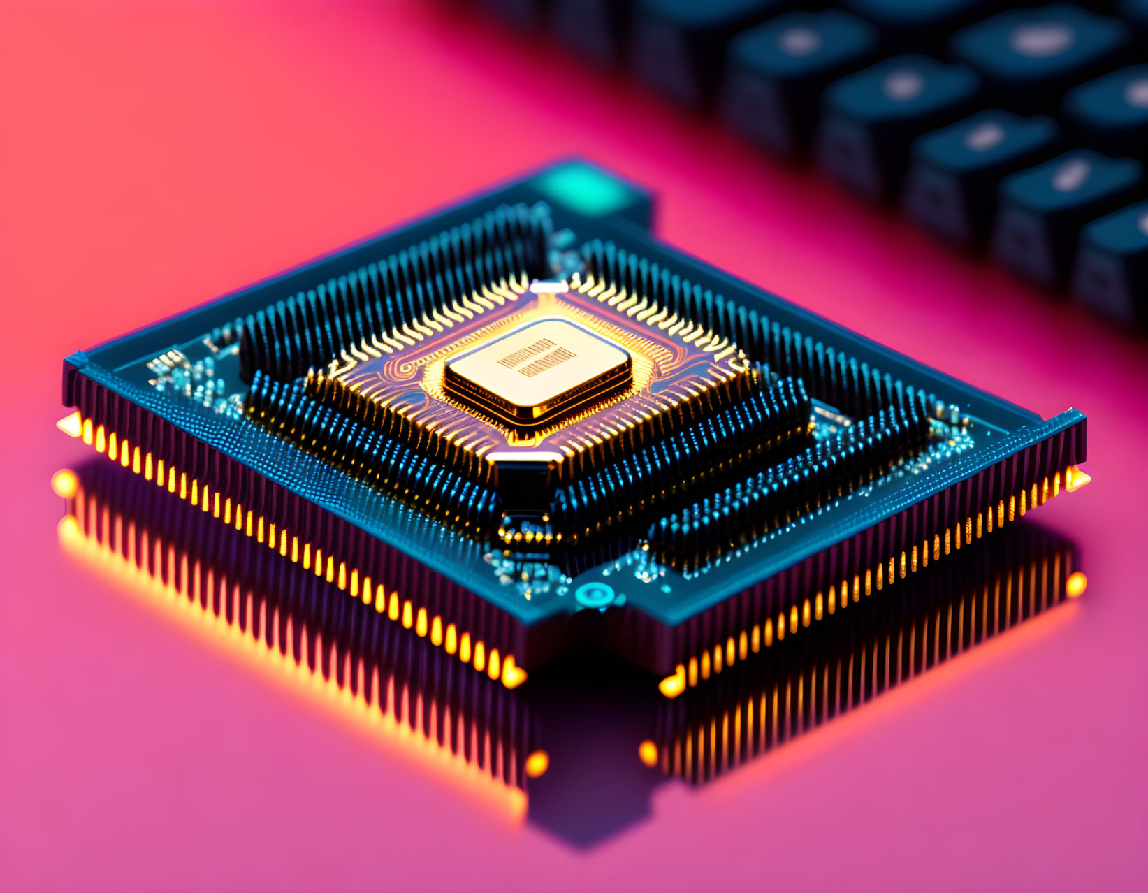 Vivid Pink and Blue Background with Microprocessor Chip Close-Up