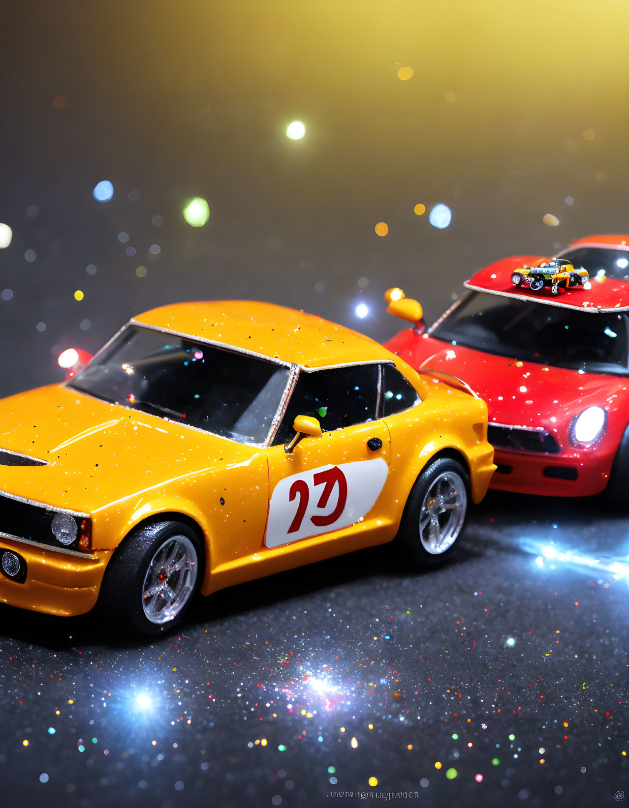 Two Toy Cars Racing on Sparkling Bokeh Background