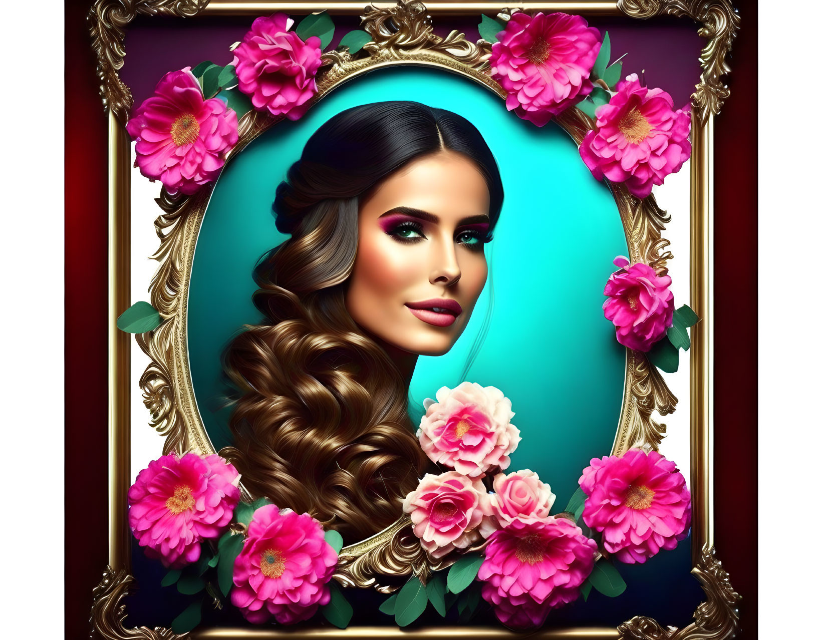 Vibrant digital portrait of a woman with long, wavy hair and pink roses in a gold