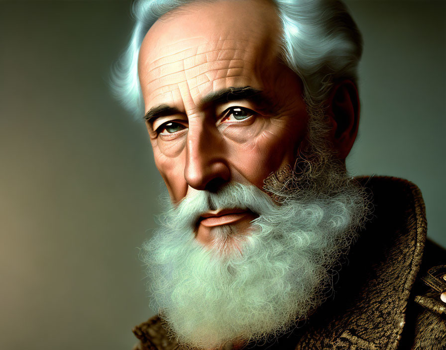 Elderly man with white hair and beard in military-style jacket portrait