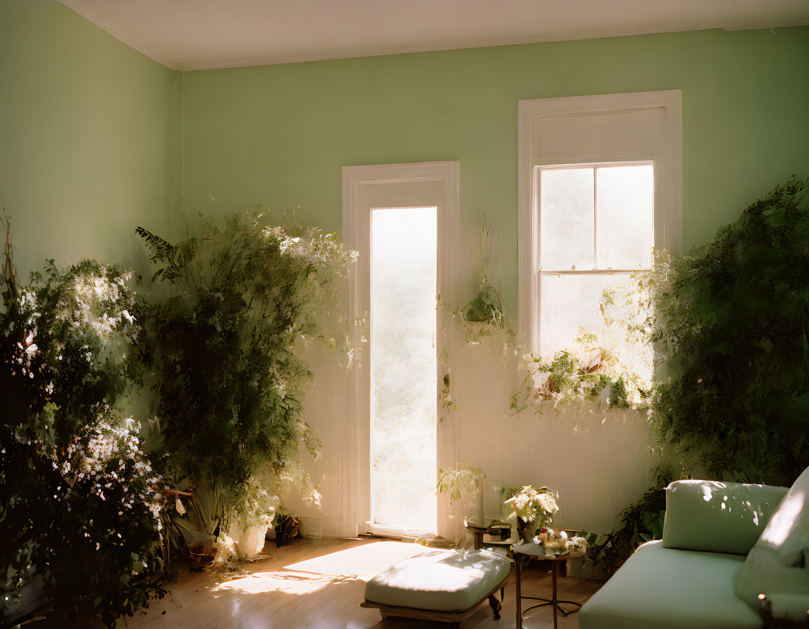 Tranquil Room with Mint Green Walls and Indoor Plants