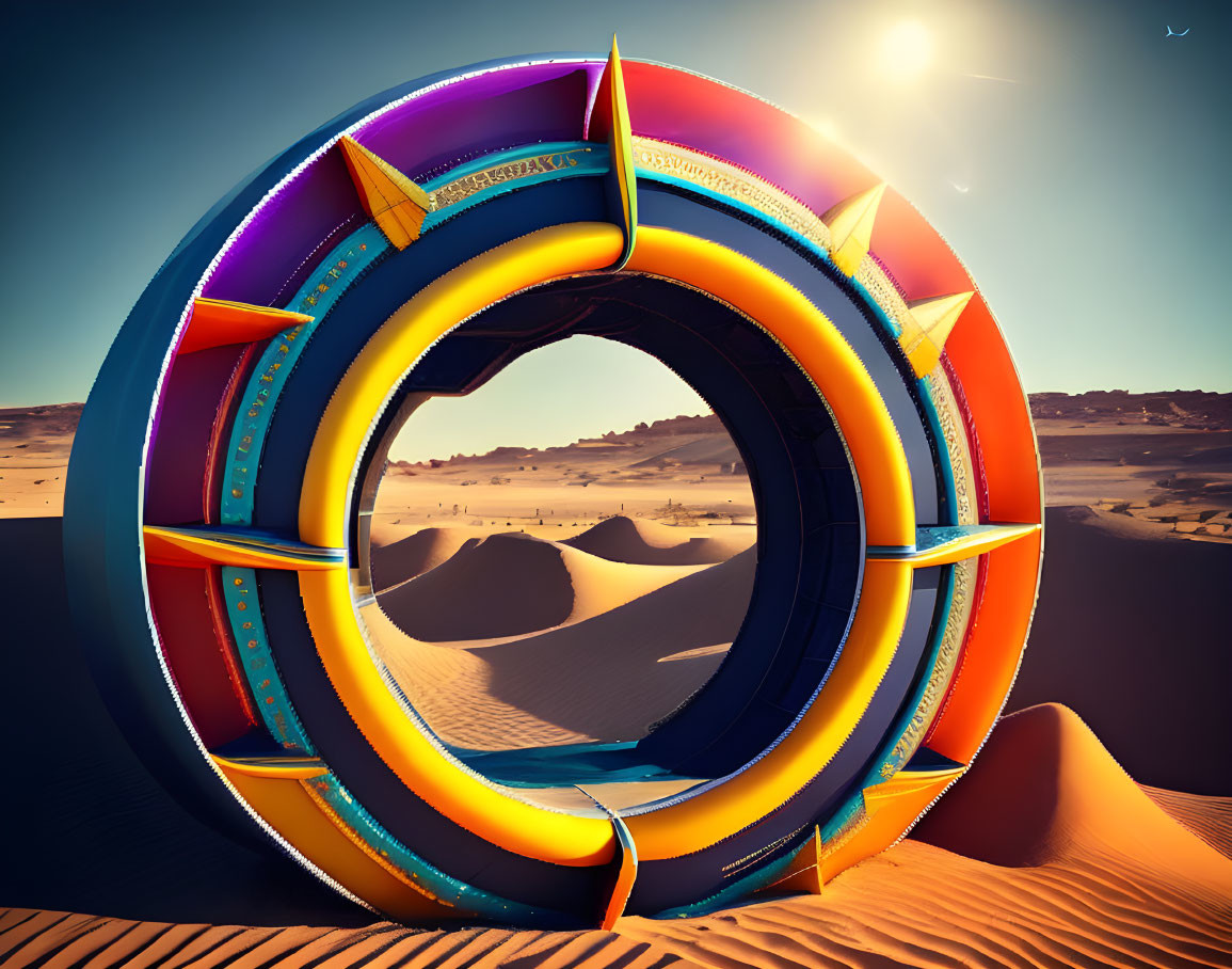 Circular Colorful Sculpture on Desert Dunes Under Blue Sky