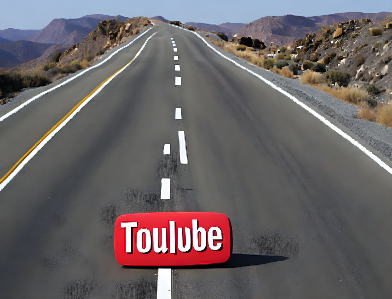 Modified road sign with "YouTube" logo on open highway with mountainous landscape