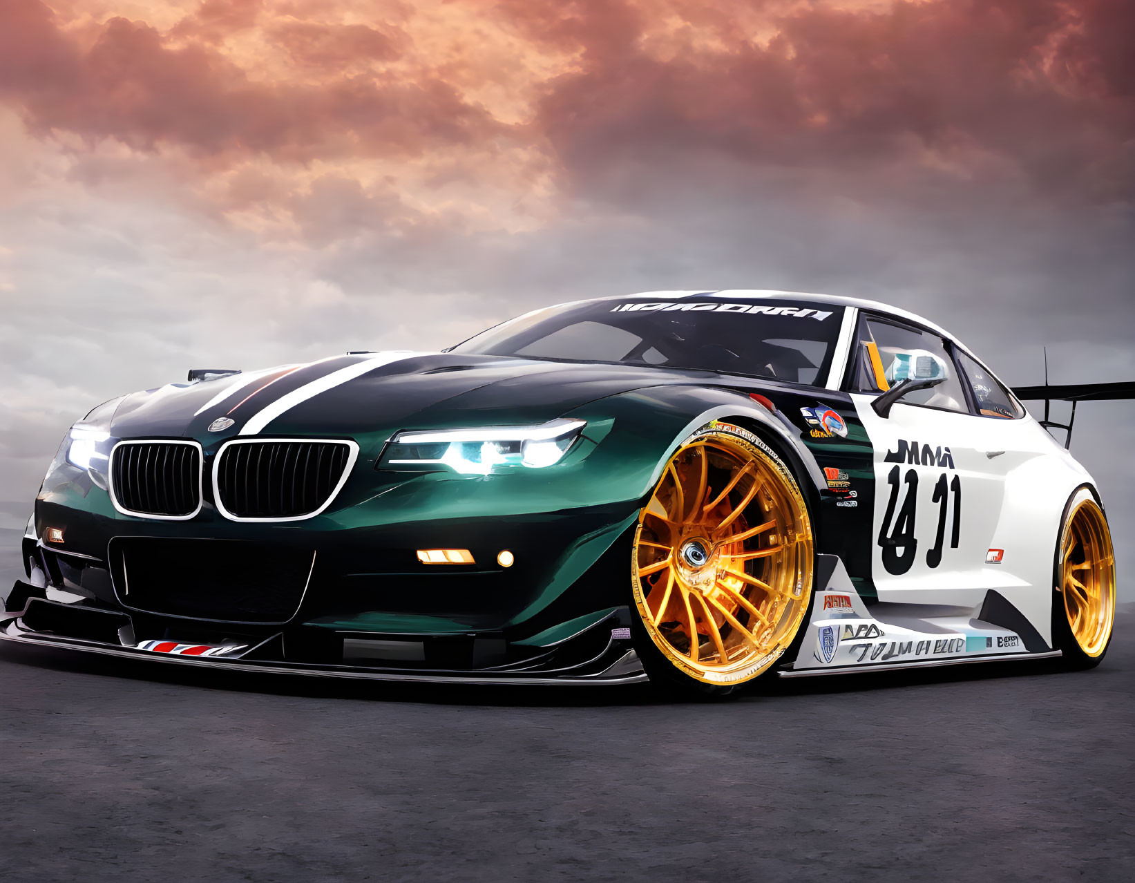 Modified BMW Race Car with Wide-Body Kit and Gold Wheels Under Dramatic Sky