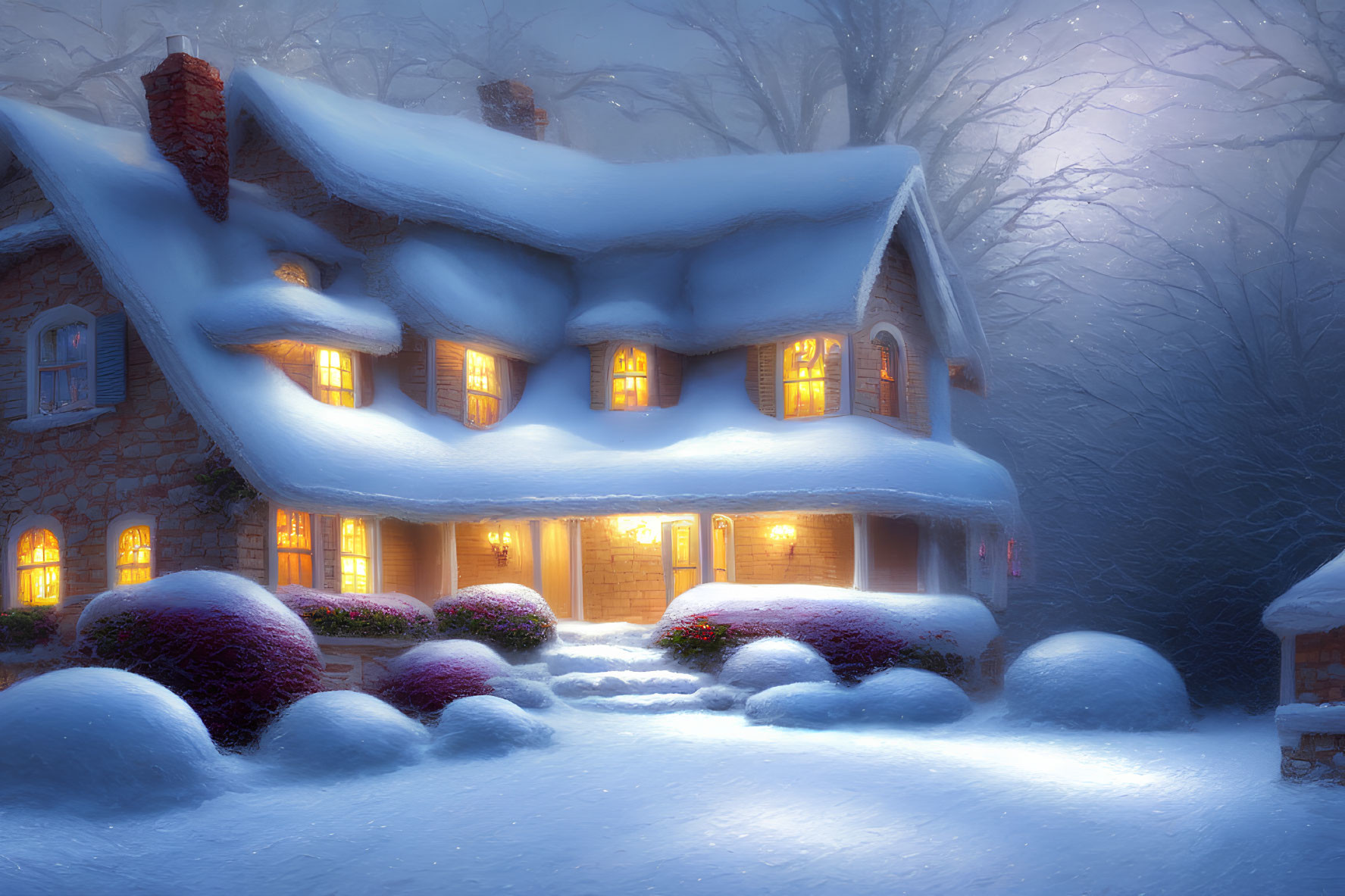 Snow-covered cottage with warm light in serene wintry landscape