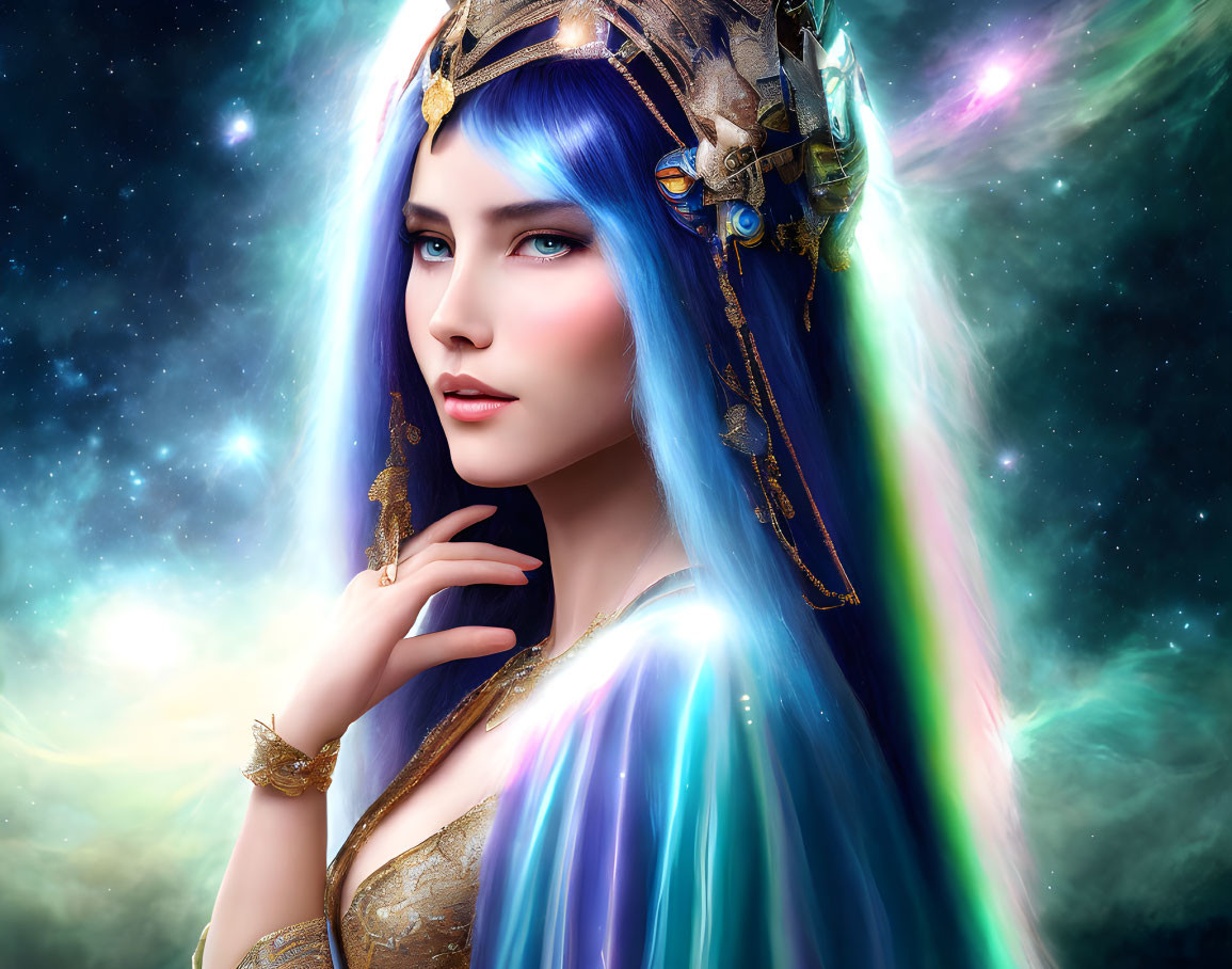 Fantasy digital artwork: Vibrant blue-haired woman with golden crown in cosmic setting