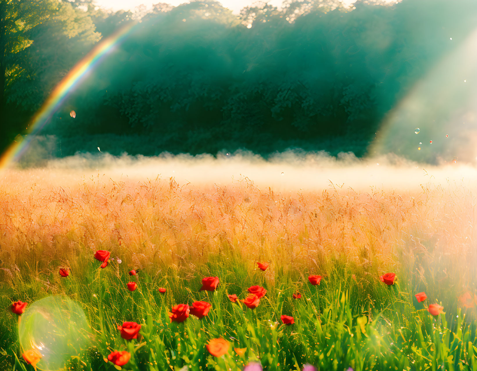 Misty meadow with red poppies and rainbow under golden sunlight