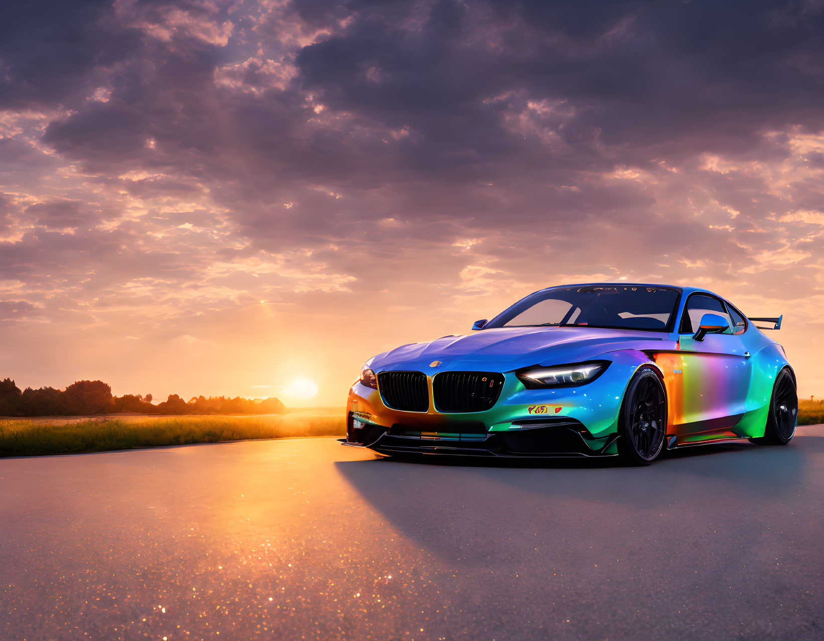 Vibrant sports car on asphalt road at sunset