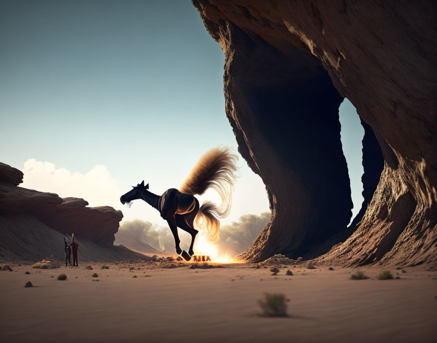 Person observing horse with flowing mane at sunset in desert landscape