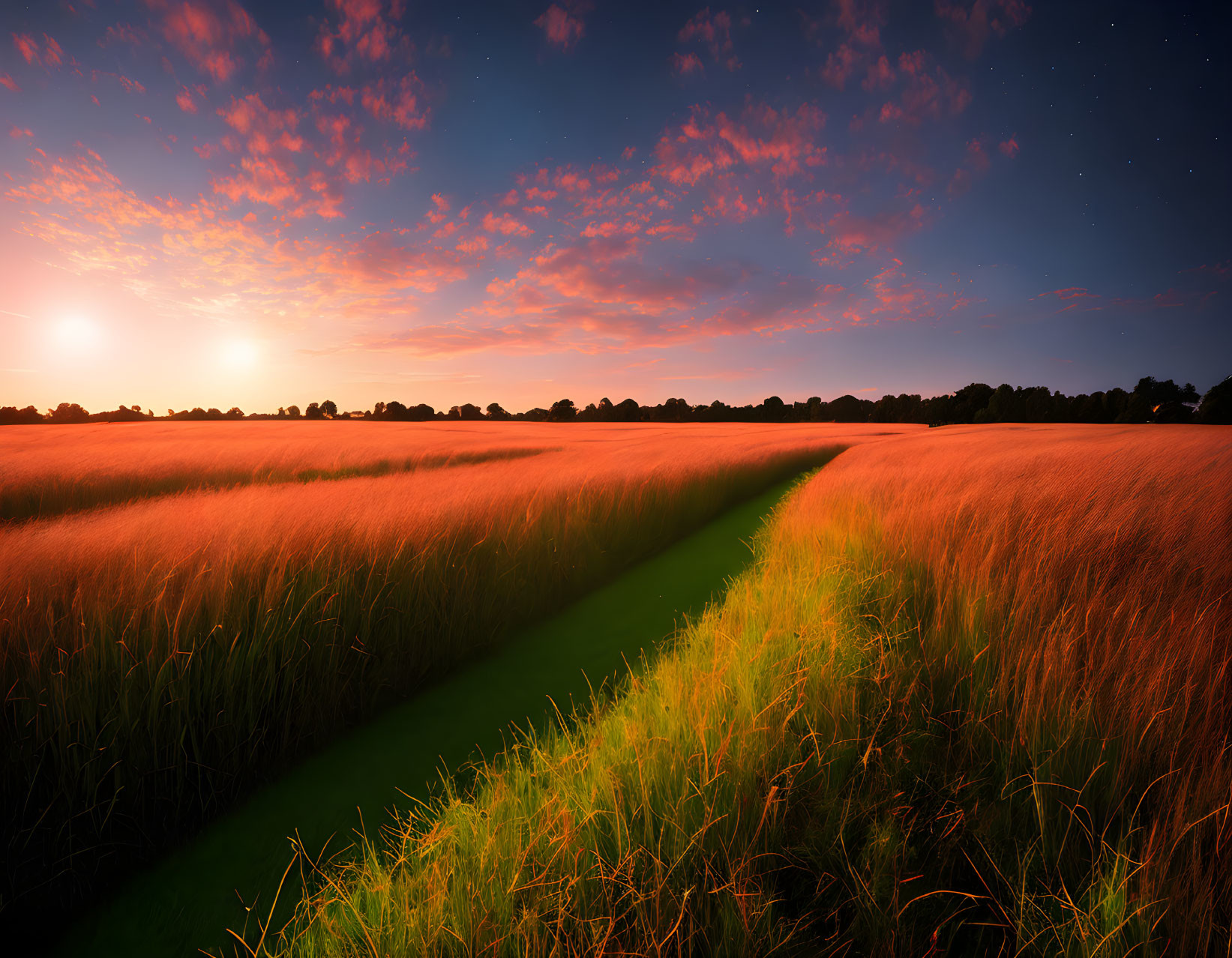 Vibrant sunset sky over vast field with narrow path at dusk