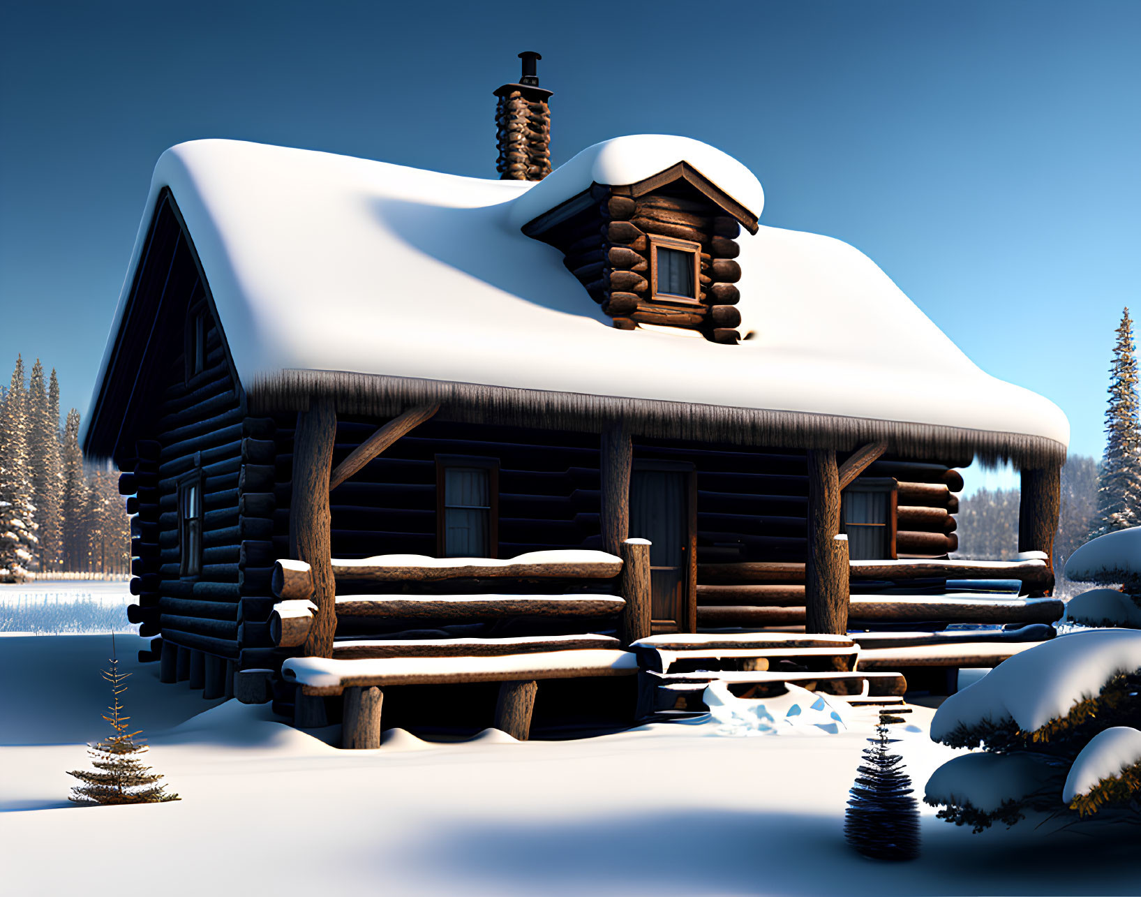 Snow-covered log cabin in serene winter landscape