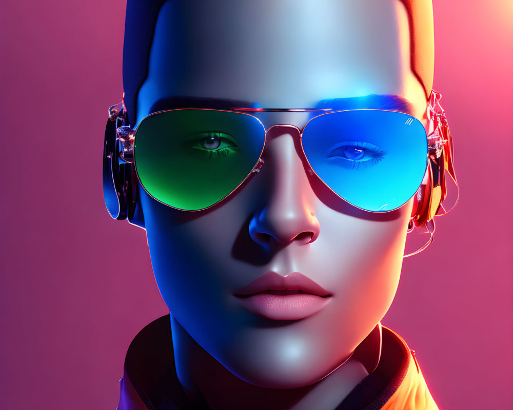 Reflective Green Sunglasses & Headphones on Futuristic Humanoid