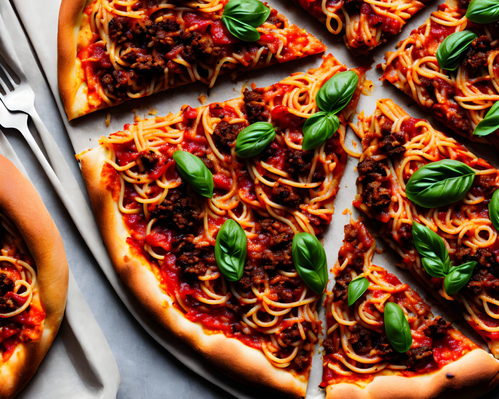 Pizza with spaghetti, meat sauce, and basil slices on light background