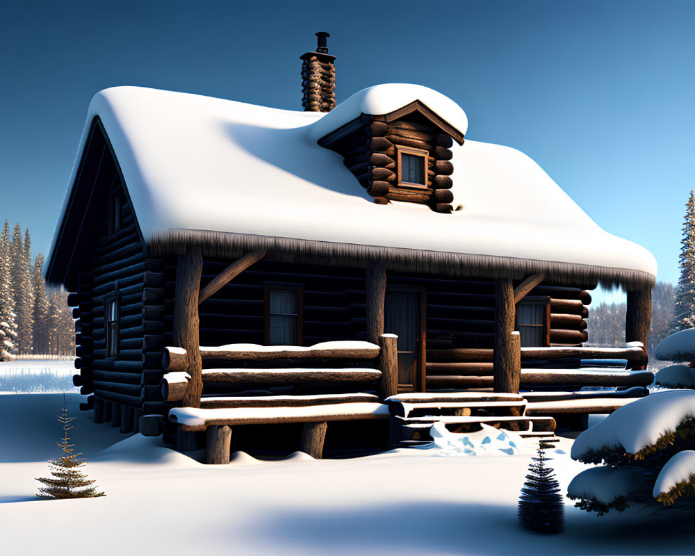 Snow-covered log cabin in serene winter landscape