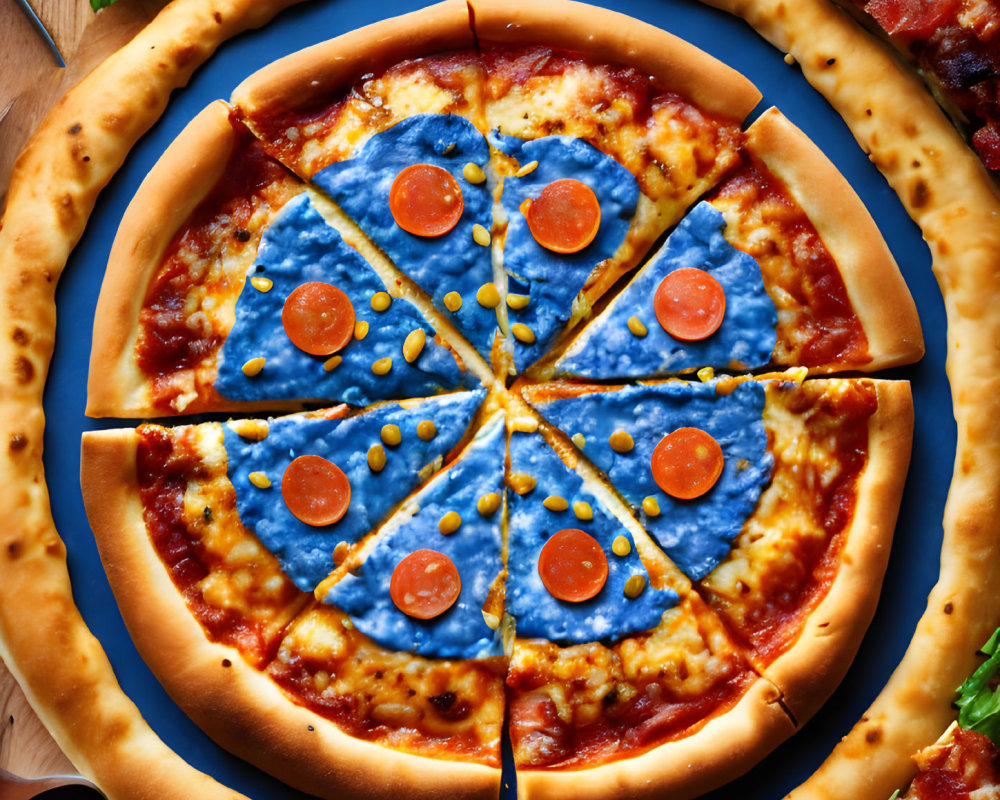 Pepperoni pizza with stuffed crust, basil leaves, and second pizza on wooden surface