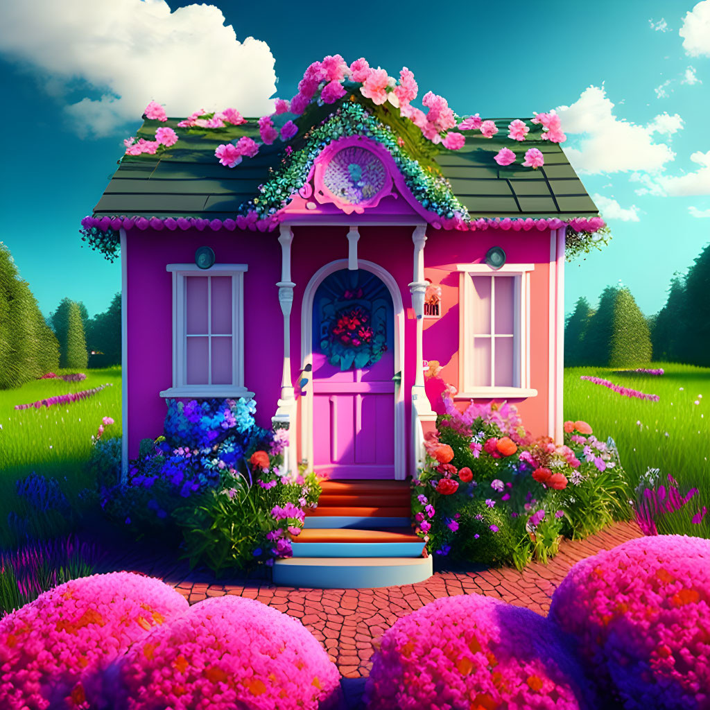 Vibrant Pink Fantasy Cottage in Lush Garden with Oversized Flowers