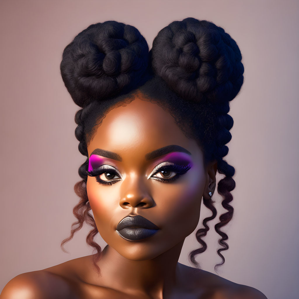 Portrait of Woman with Double Buns, Purple Eyeshadow, and Dark Lipstick on Pastel