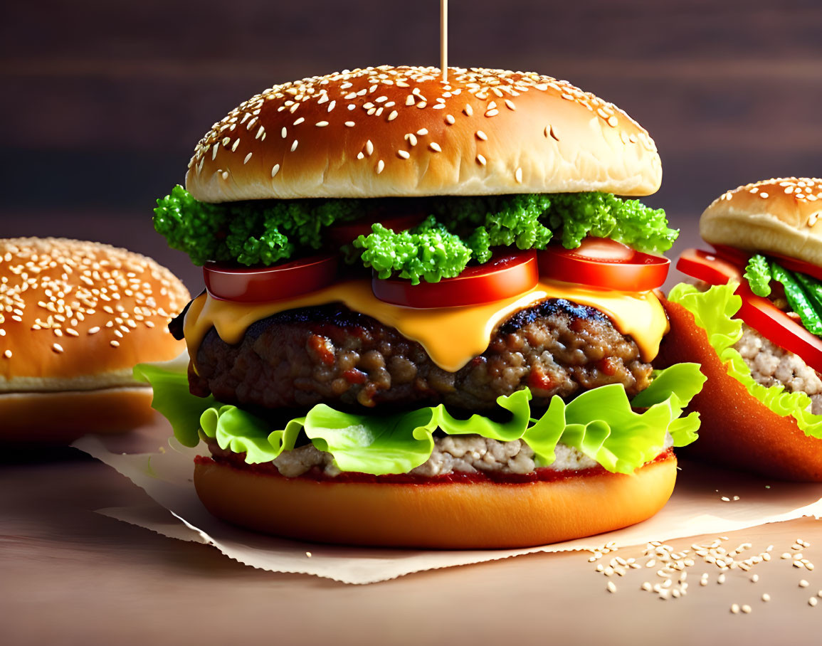 Sesame Seed Cheeseburger with Toothpick on Wood-Grain Background