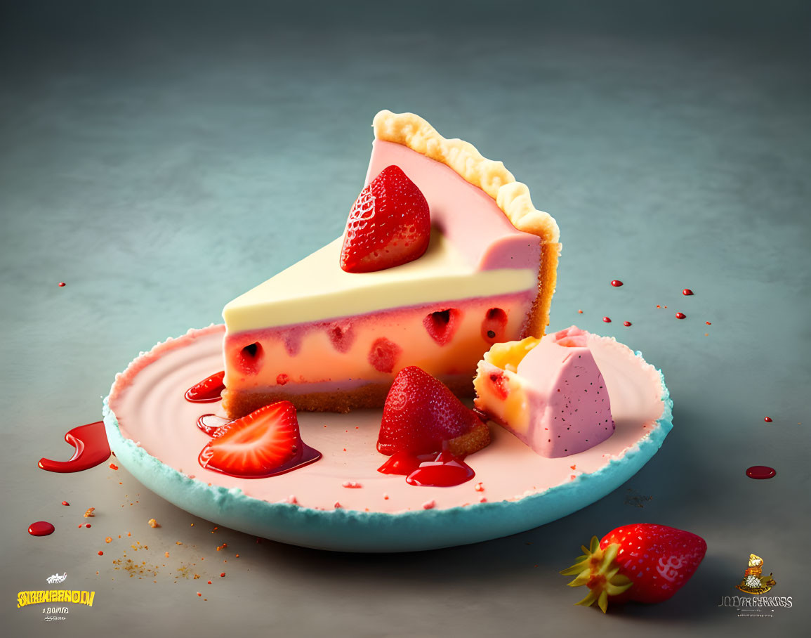 Strawberry Cheesecake Slice on Pastel Plate with Fresh Strawberries and Sauce