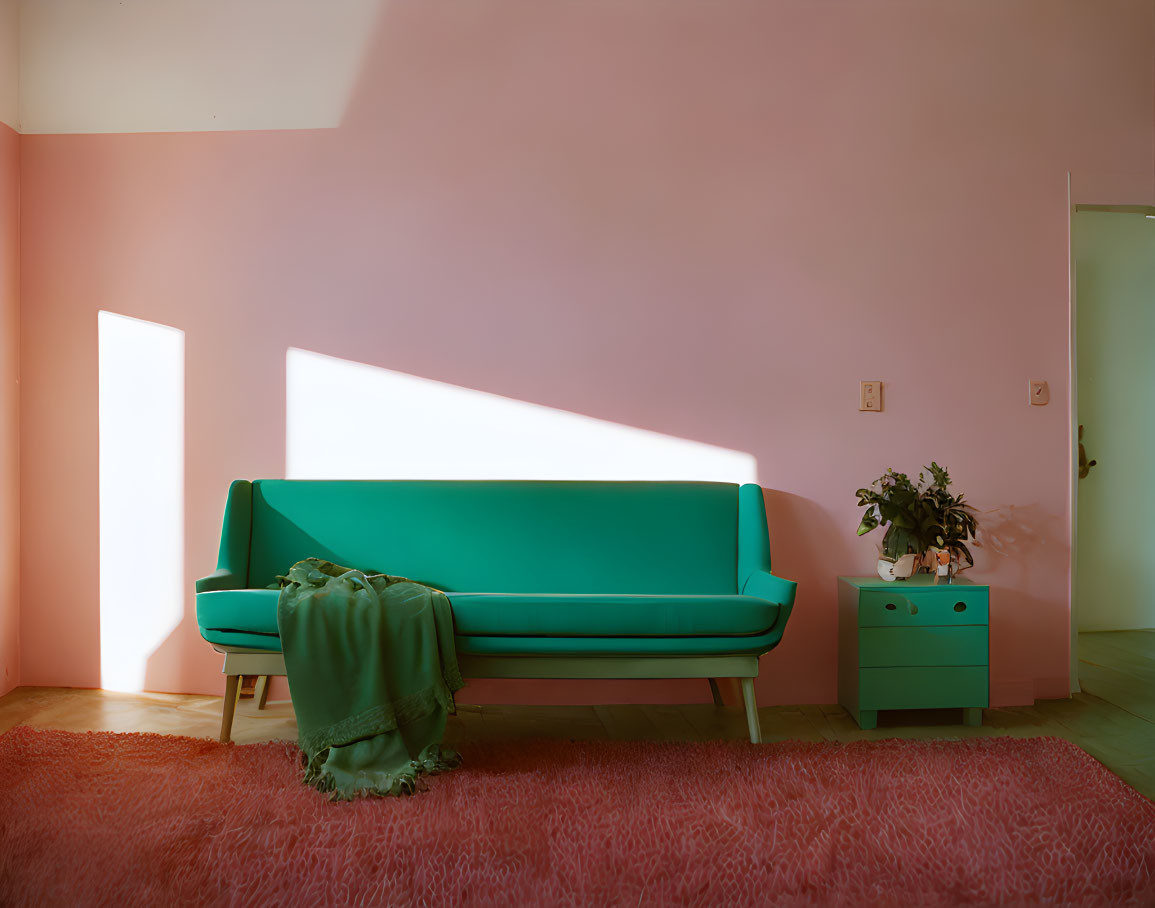 Sunlit Pastel Pink Room with Teal Sofa, Red Rug, Side Table, and Plant