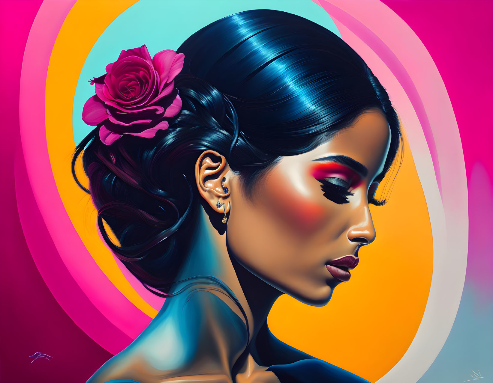 Colorful illustration: Woman with stylized makeup and rose in hair on vibrant pink and turquoise backdrop