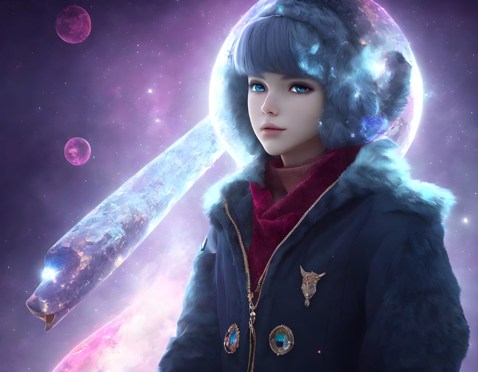 Person with Blue Hair in Fur-lined Coat Holding Crystal Staff in Cosmic Setting