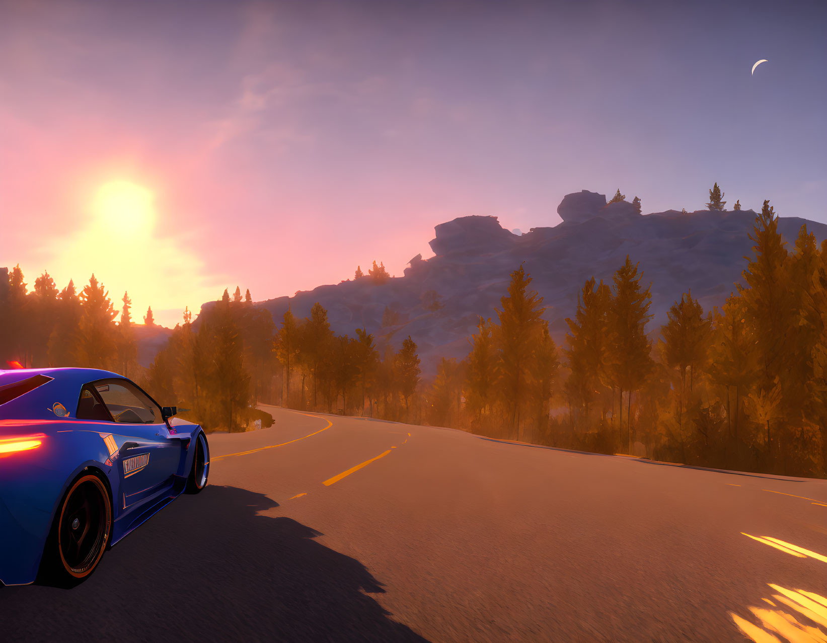 Blue Sports Car Driving on Road at Sunset with Forest, Rocks, and Crescent Moon