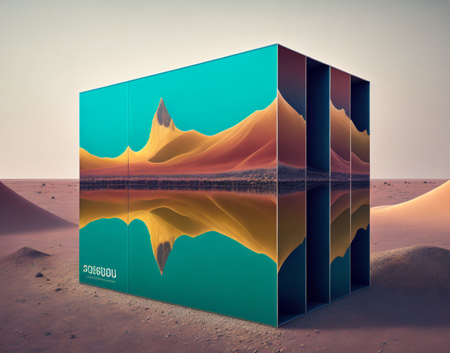 Mirrored cube reflecting desert dune and sky