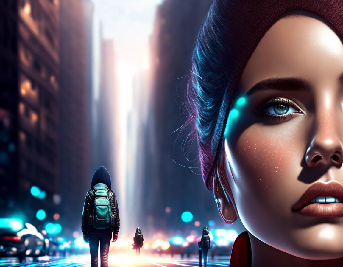 Close-up of woman with blue eyes and red hat in futuristic cityscape.