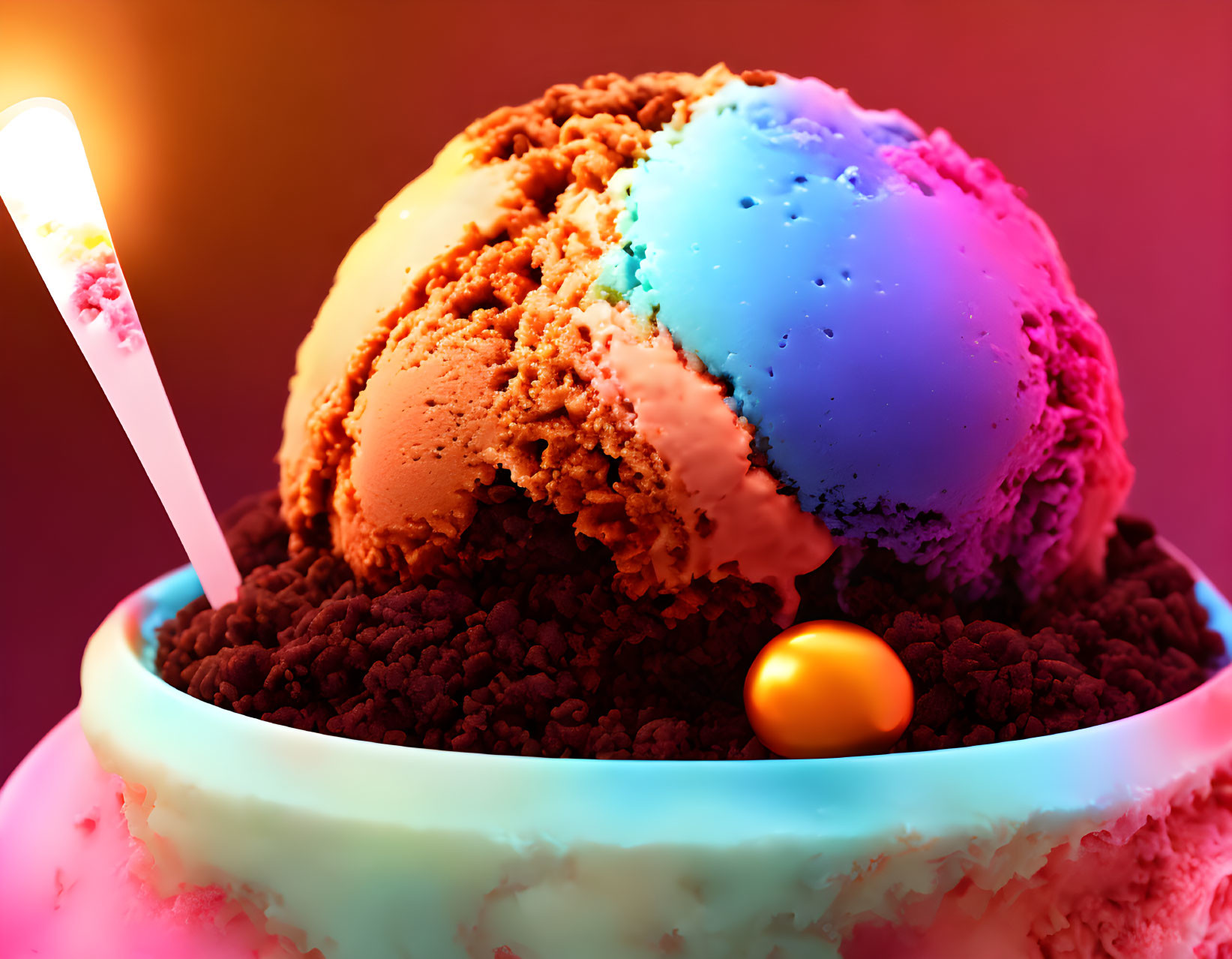 Colorful Ice Cream Bowl with Candy Toppings on Warm Background