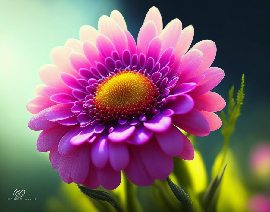 Colorful flower with magenta and pink petals and yellow center on green backdrop