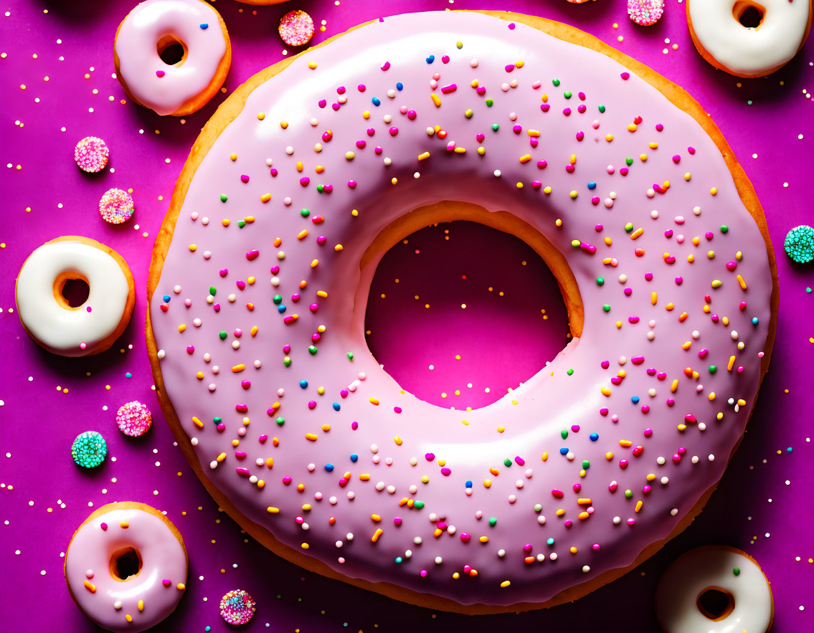 Assorted donuts with pink icing and colorful sprinkles on purple background