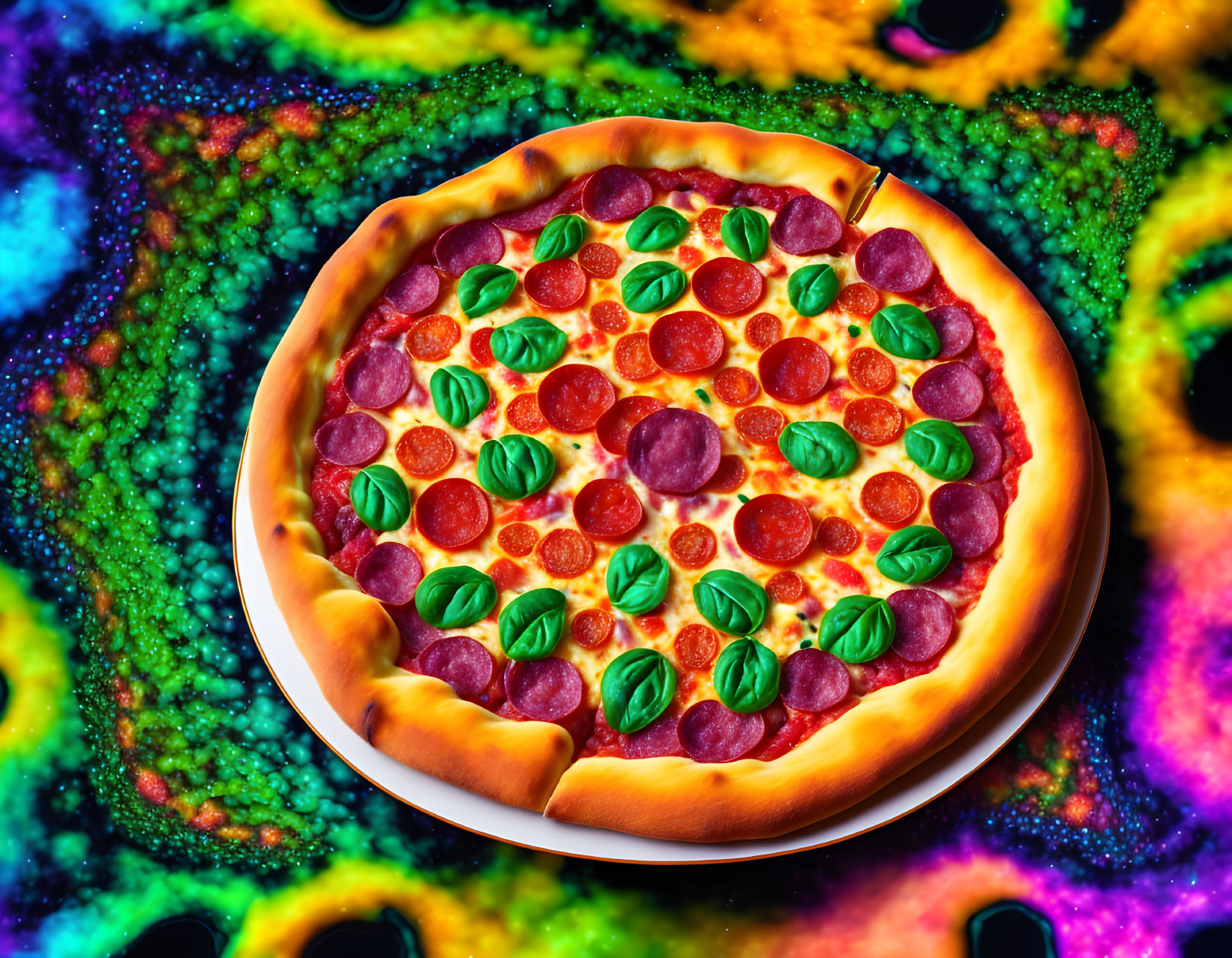 Pepperoni pizza with fresh basil on psychedelic backdrop