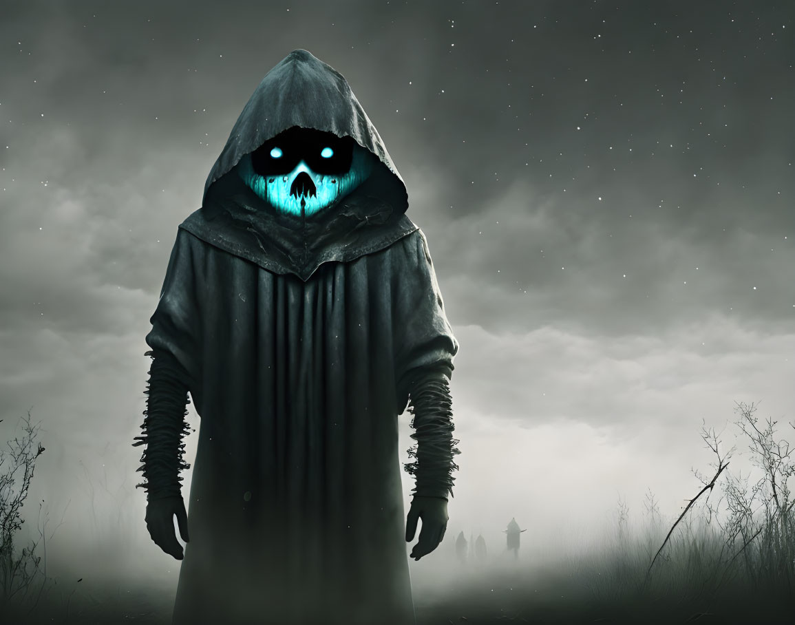 Hooded Figure with Glowing Blue Eyes in Eerie Night Landscape