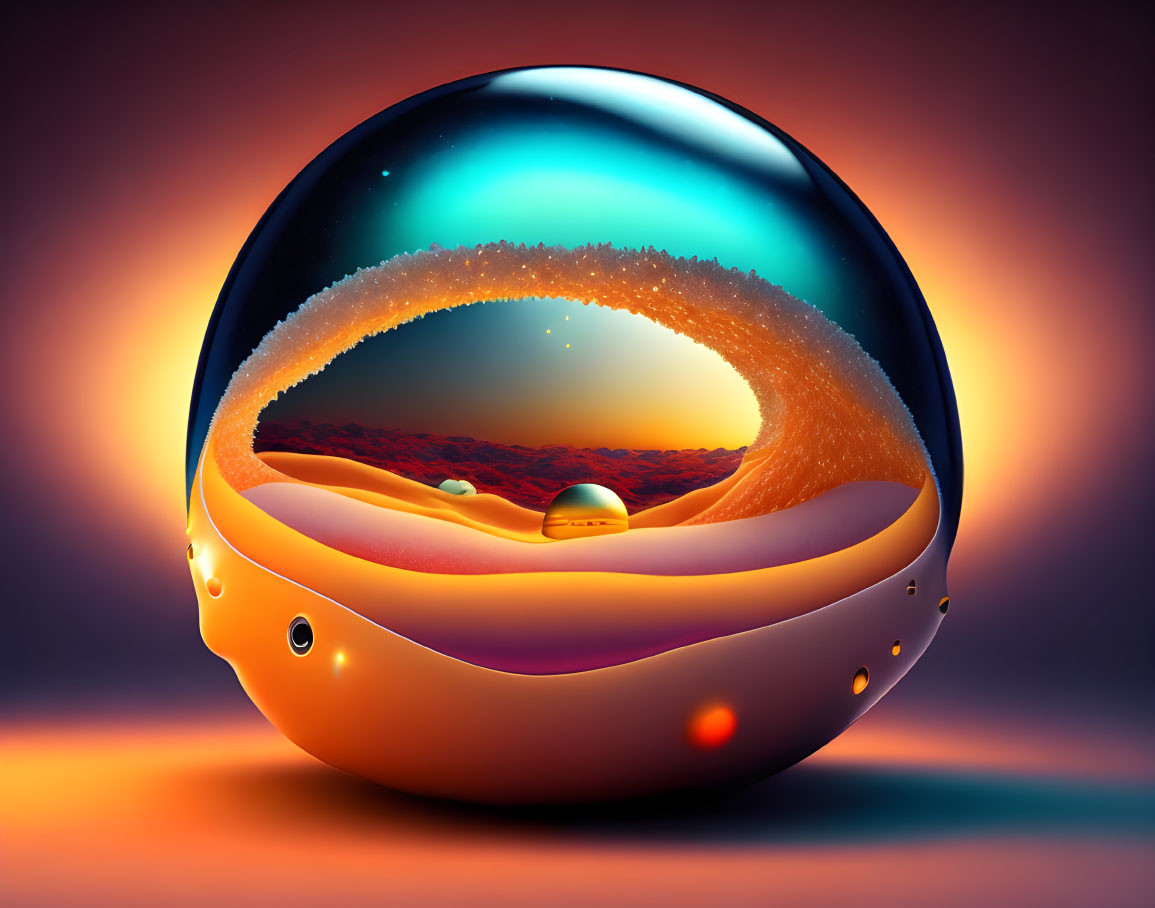 Surreal spherical object with desert landscape and starry sky on warm background