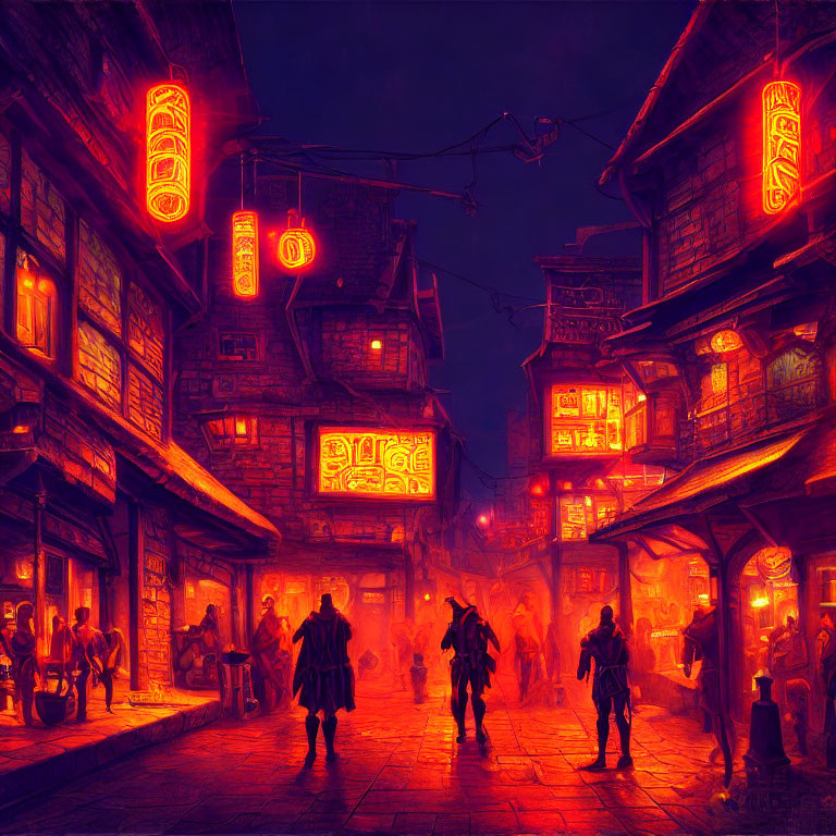 Night Street Scene in Old-Fashioned Asian Town with Neon Glow