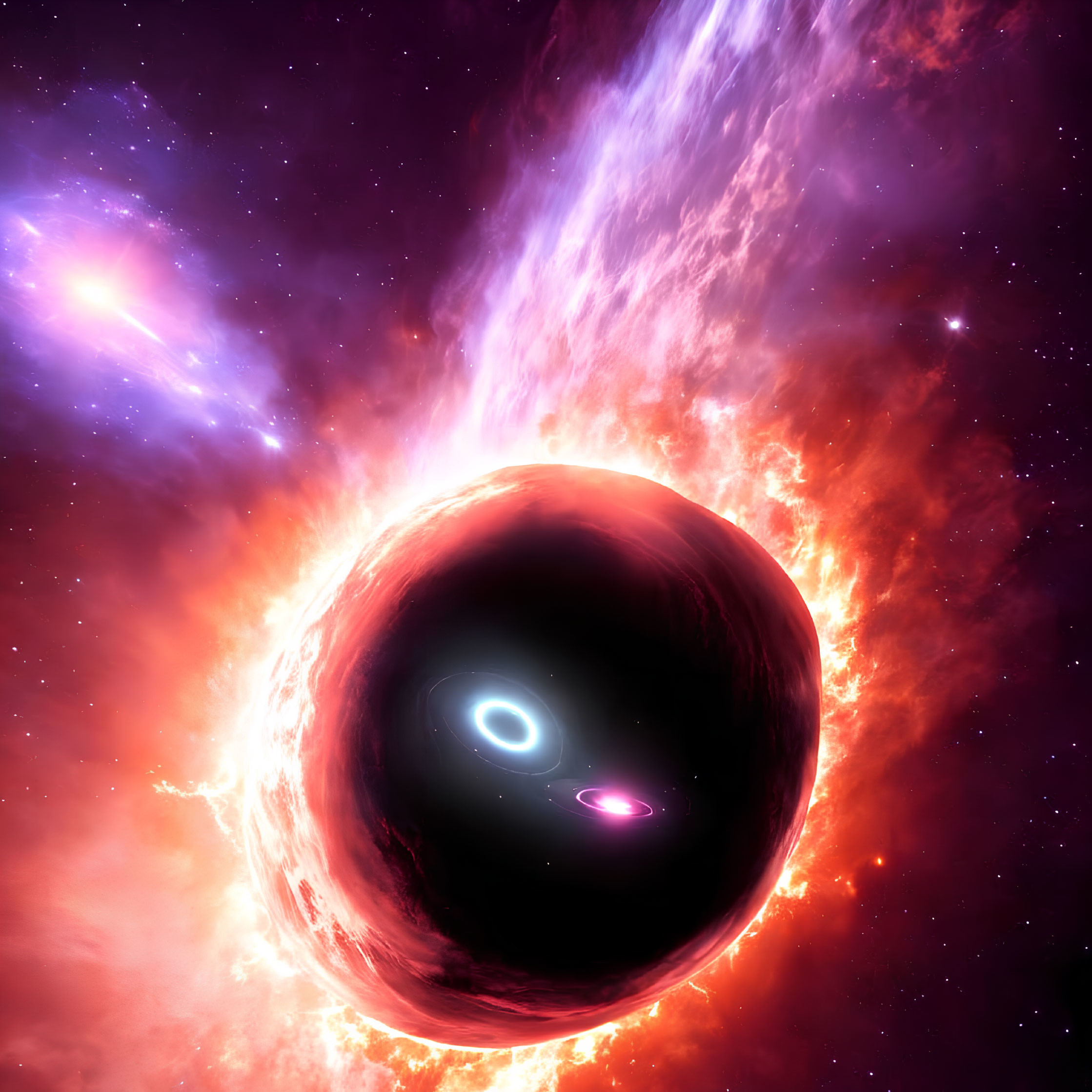 Cosmic black hole with accretion disks in fiery nebulae.