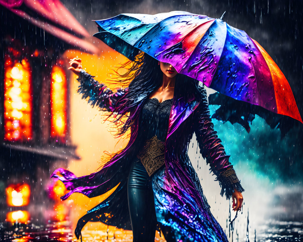 Colorful umbrella holder in rain under glowing street lights at night