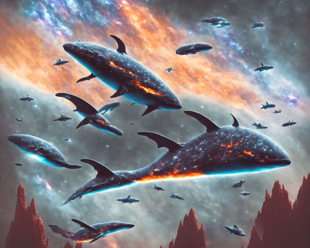 Whales with cosmic patterns in surreal star-filled sky above pine trees