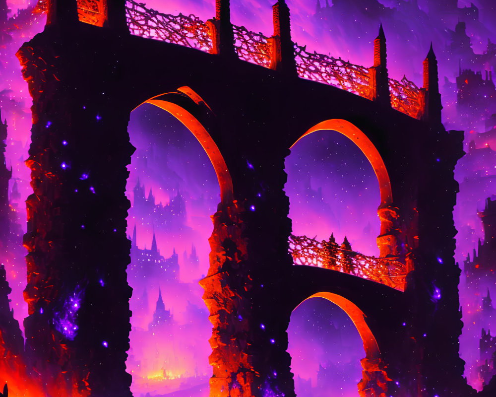 Vibrant neon purple and orange fantasy landscape with imposing bridge under star-filled sky