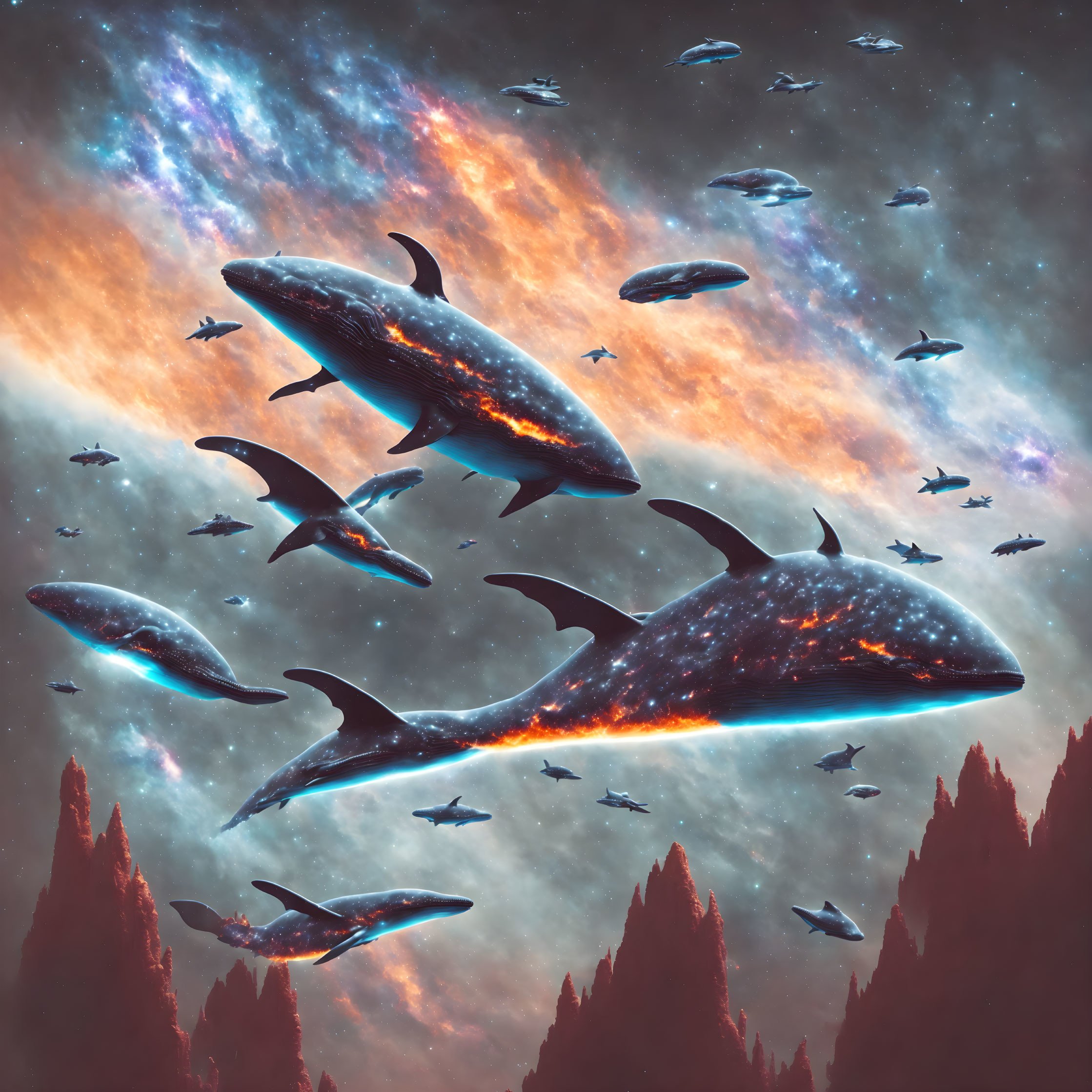 Whales with cosmic patterns in surreal star-filled sky above pine trees