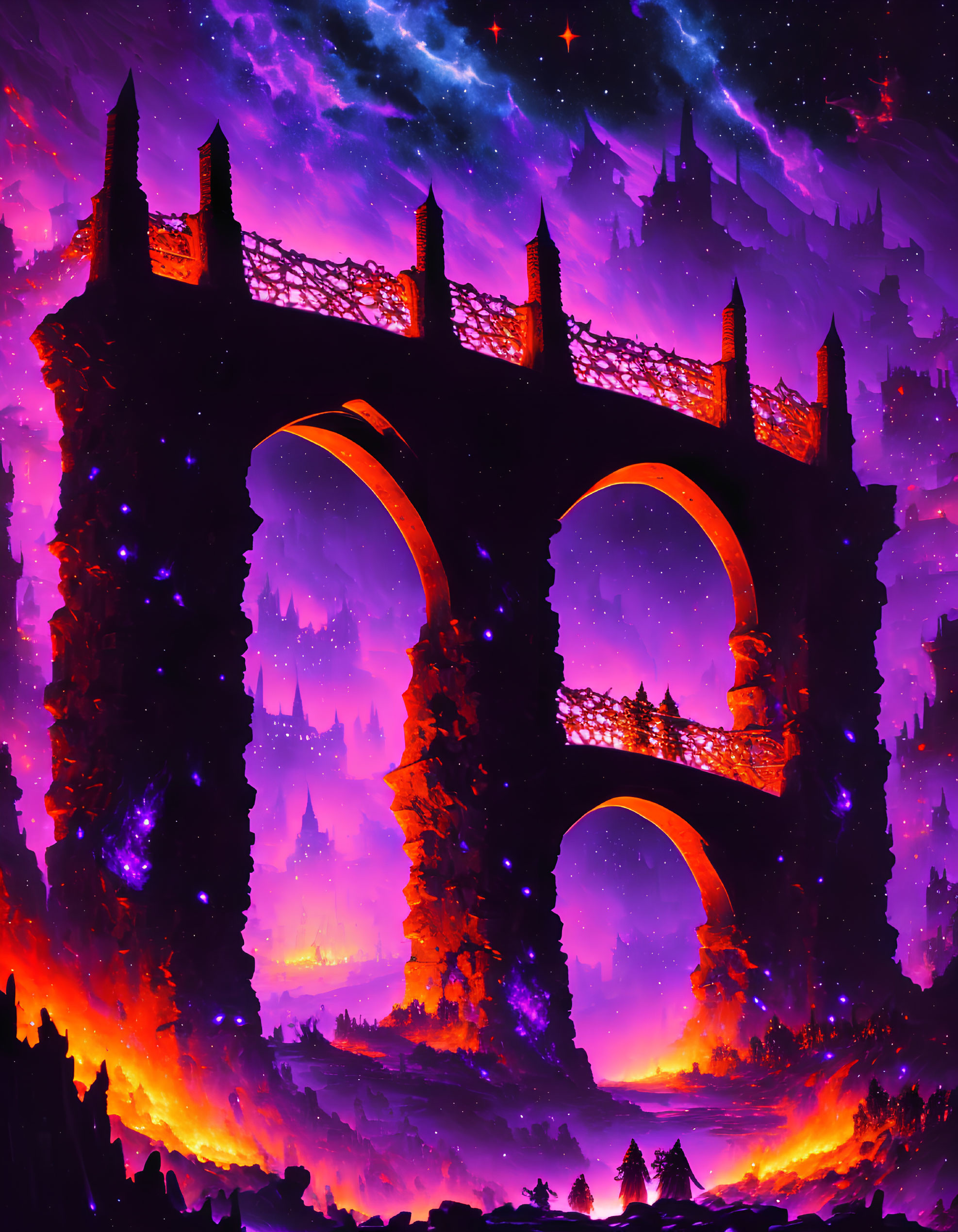 Vibrant neon purple and orange fantasy landscape with imposing bridge under star-filled sky