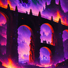 Vibrant neon purple and orange fantasy landscape with imposing bridge under star-filled sky