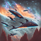 Whales with cosmic patterns in surreal star-filled sky above pine trees