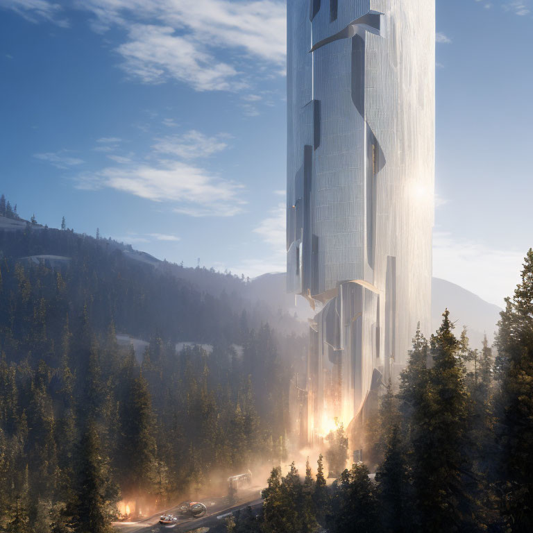 Tall futuristic skyscraper in misty forest with road and cars.