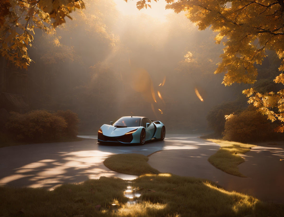 Sports car driving on forest road with autumn sunlight filtering through leaves