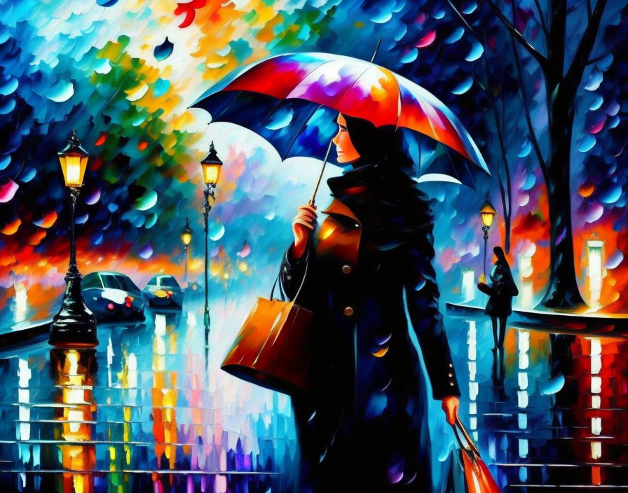 Colorful painting of person with umbrella on wet, lamplit street