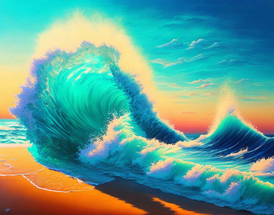 Colorful Ocean Wave Painting with Sunset Beach Background