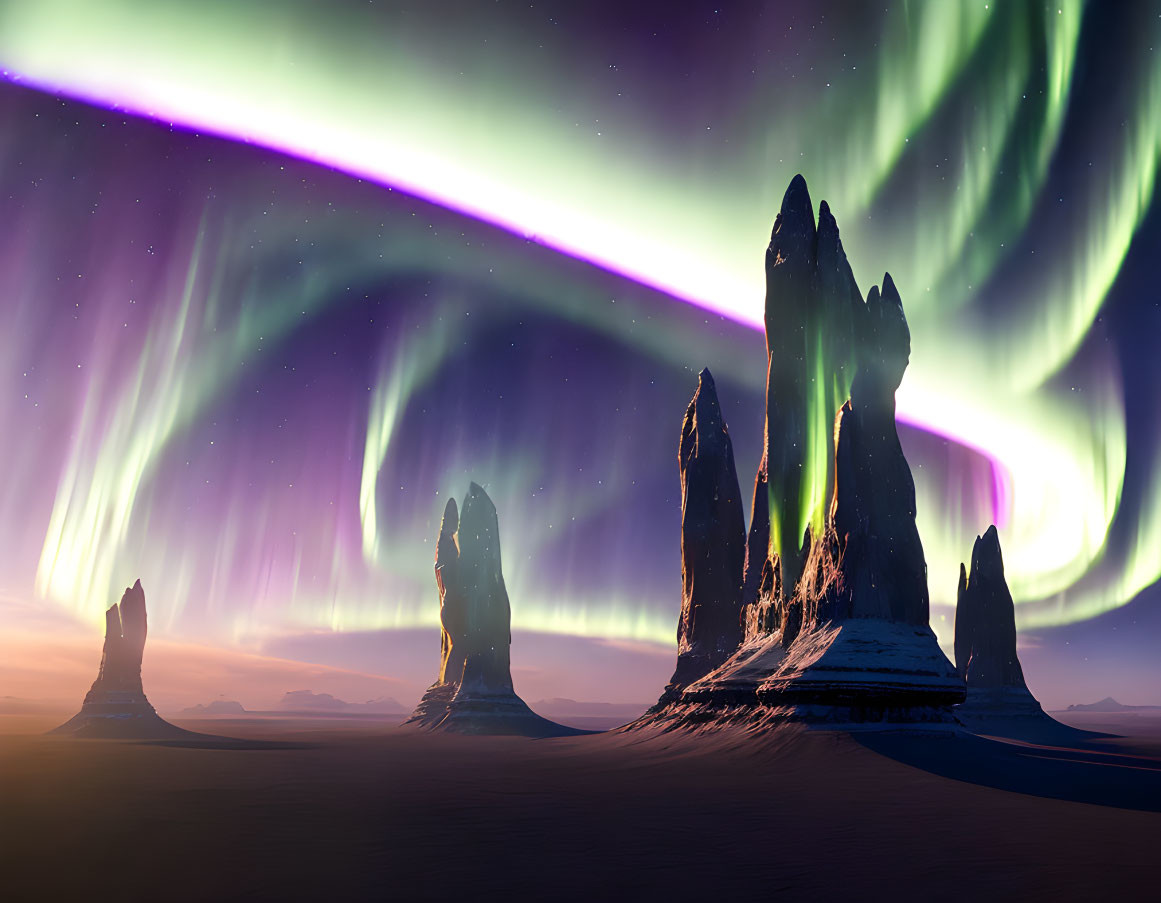 Majestic aurora borealis above desert rock formations