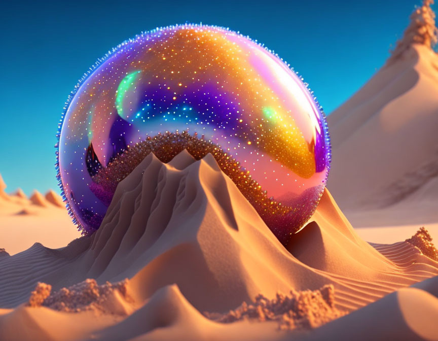 Iridescent bubble on sand dune with cosmic starfield in desert landscape